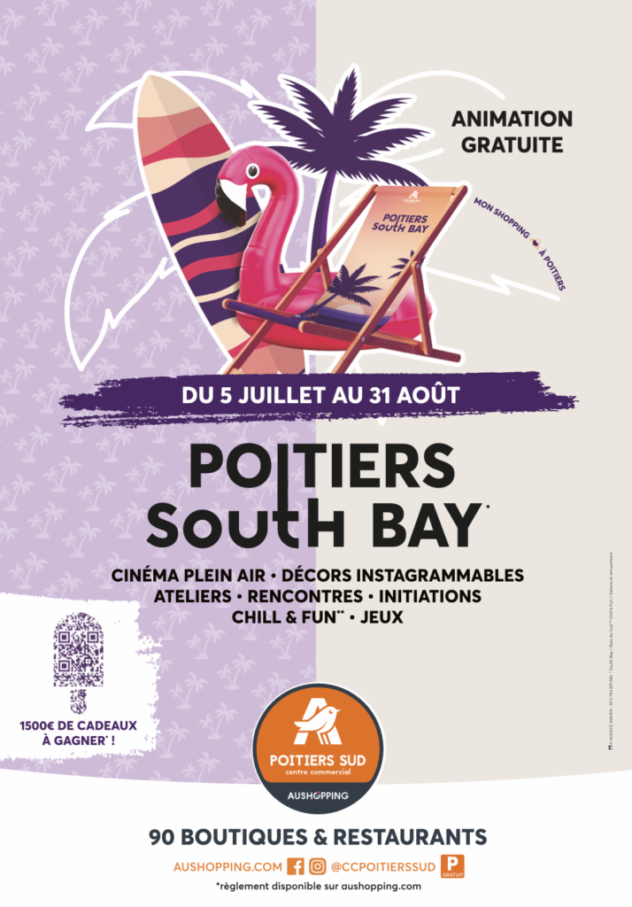 Charte graphique Aushopping Poitiers Sud – Affiche south bay - communication centre commercial – Agence Maven
