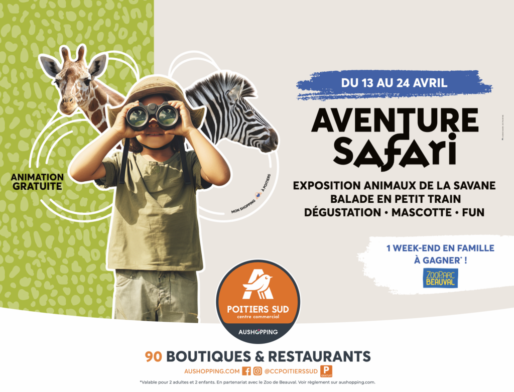 Charte graphique Aushopping Poitiers Sud – Aventure Safari - communication centre commercial – Agence Maven
