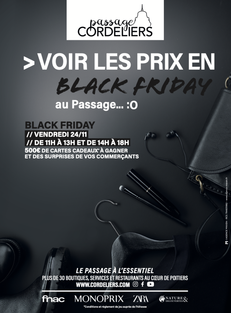 Charte graphique Passage Cordeliers Poitiers – black friday - communication centre commercial – Agence Maven