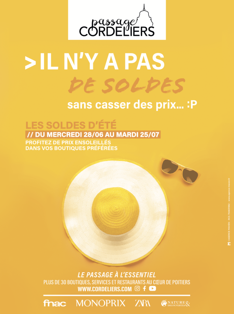 Charte graphique Passage Cordeliers Poitiers – Soldes été - communication centre commercial – Agence Maven