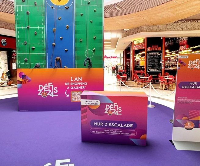 Défis 2024 animation été Aushopping Bordeaux Lac – mur d'escalade - opération retail – Agence Maven
