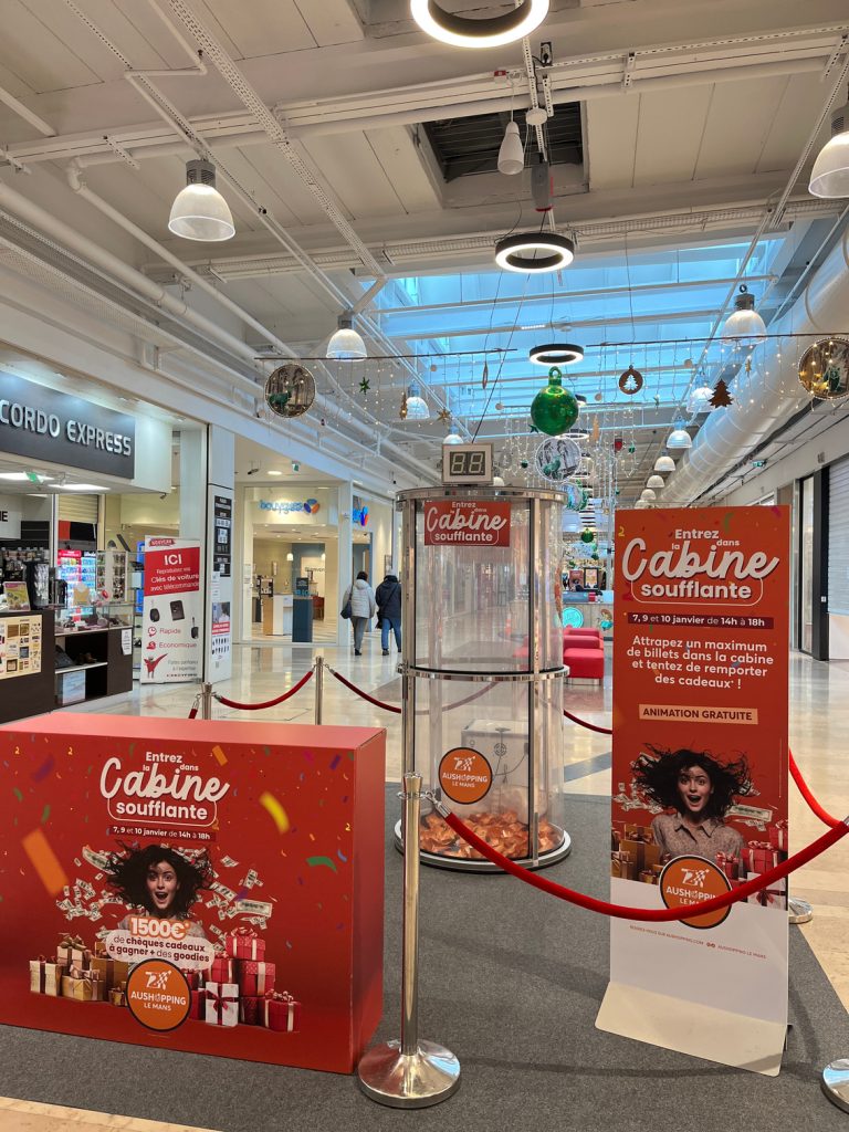 Animation soldes centre commercial – activation commerciale - cabine soufflante – Agence Maven