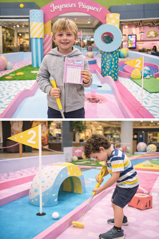 Animation Pâques centre commercial – mini-golf retail – Agence Maven
