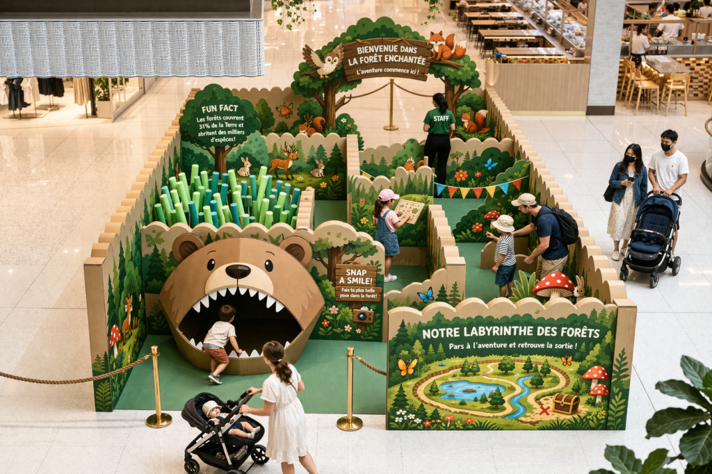 Animation été centre commercial – activation saisonnière outdoor – labyrinthe forêt - Agence Maven